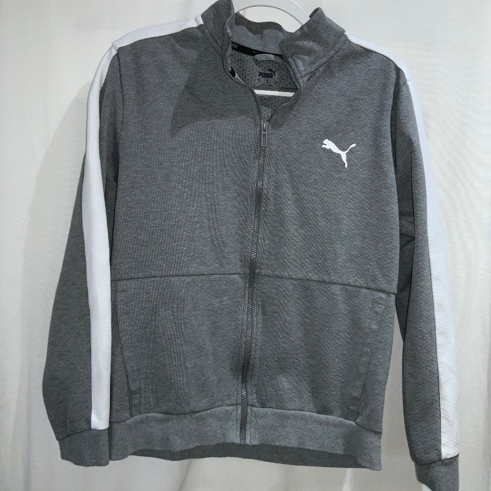 Puma track jacket sz M full zip kangaroo pockets mock neck stripe logo